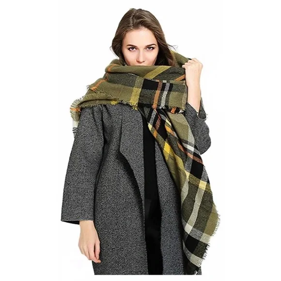 Oversized Green Plaid Blanket Scarf - Picture 1 of 10